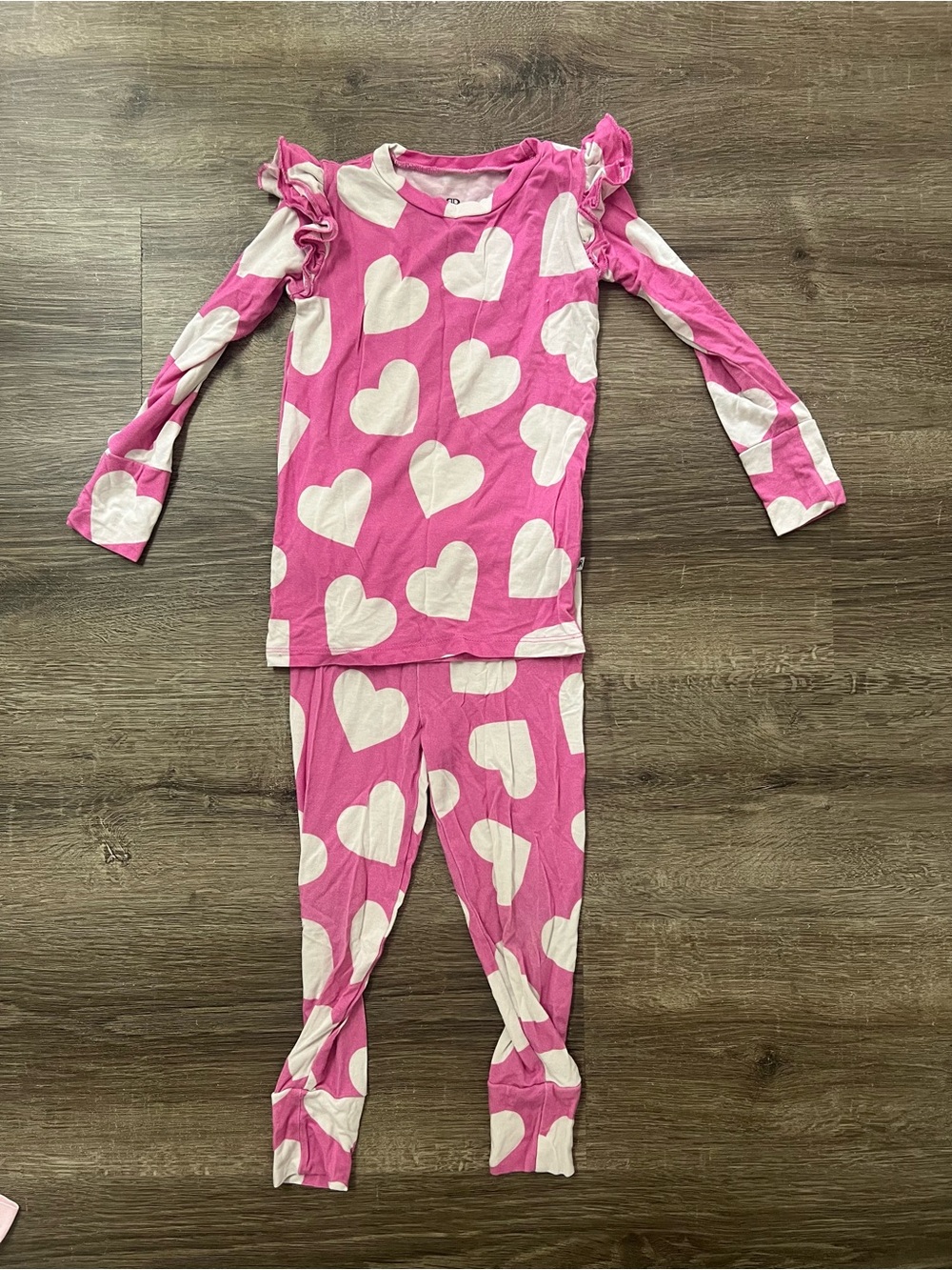 Girls Pink Heart-Print Long Sleeve Pajama Set with Ruffle Shoulders